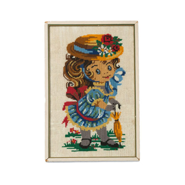 Geborduurd vintage jaren 70 Big Eyes meisje in lijst