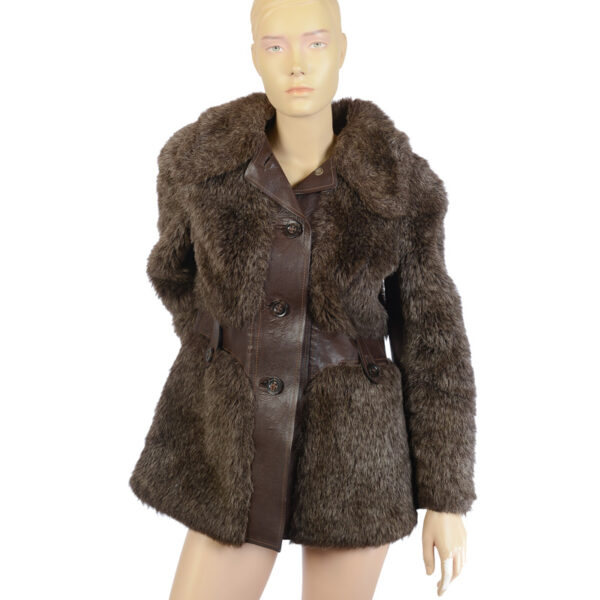 Grijze fake fur jaren 70 jas met leer maat S - M