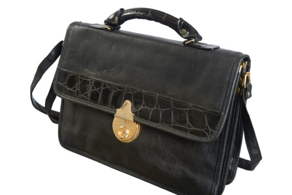 Zwarte leren vintage aktetas / schoudertas - Afbeelding 3